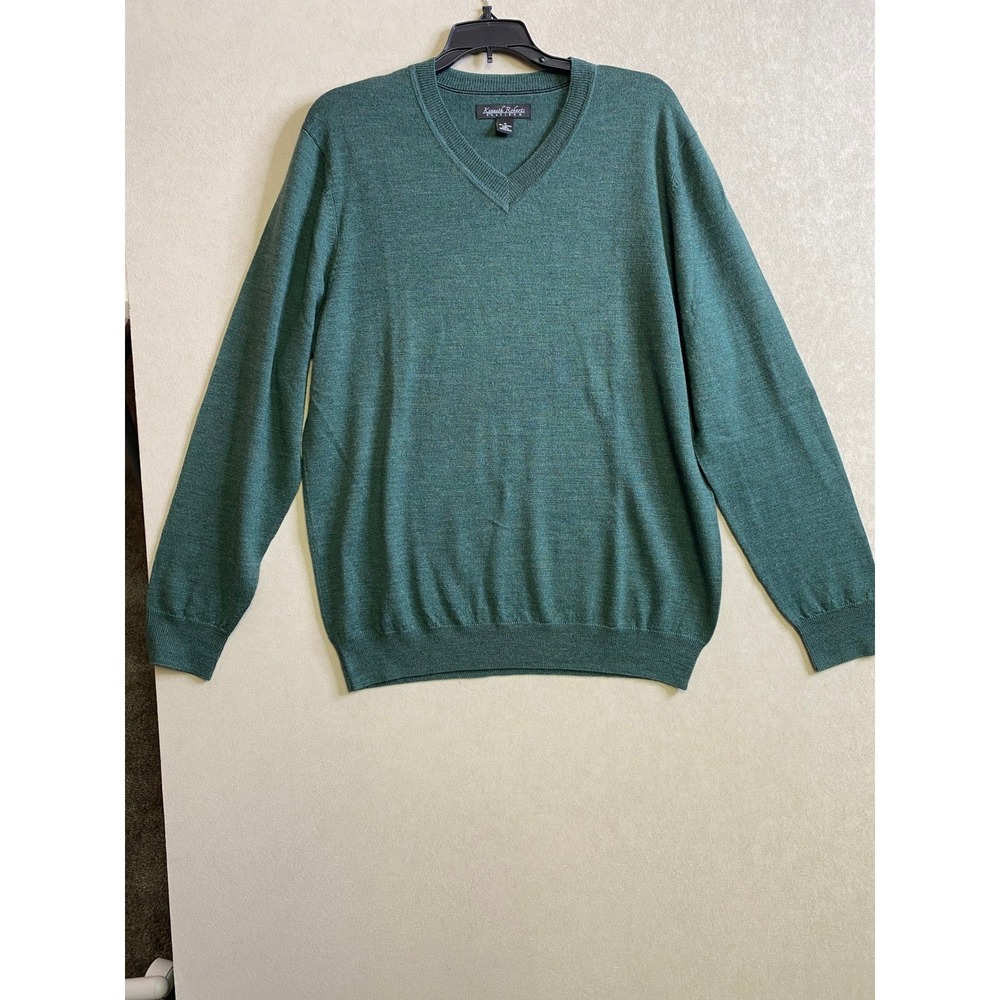 Kenneth Roberts Platinum Mens Green 100% Merino Wool V-Neck Sweater Size M